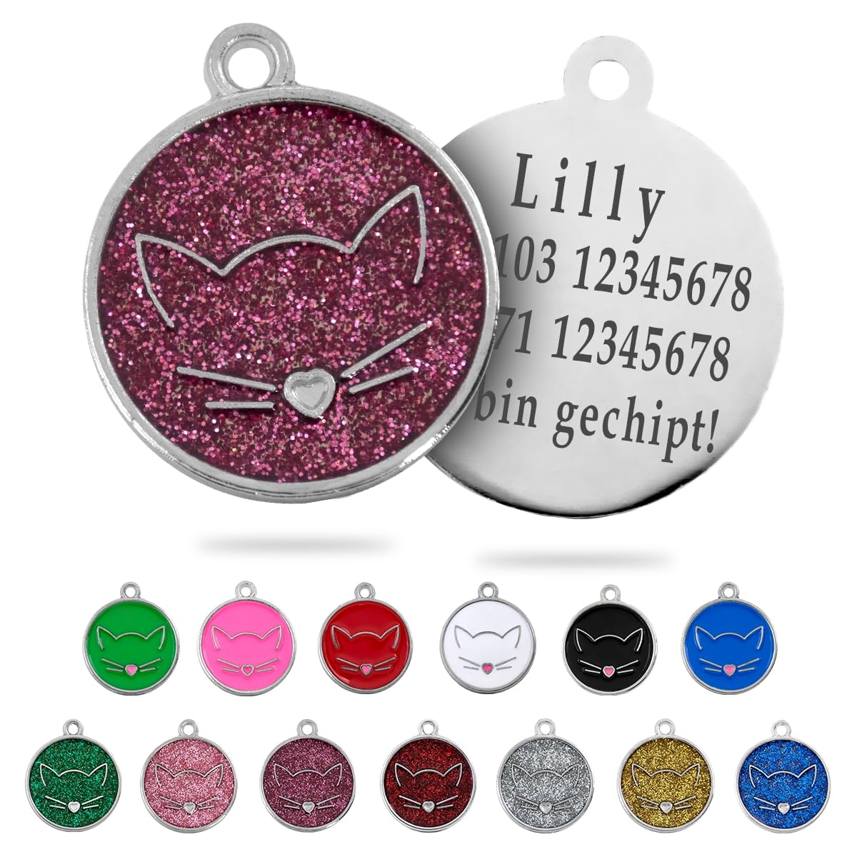 Ibera gifts - Runder Anhänger Katze mit Katzengesicht, personalisierter Adressanhänger für mittelgroße bis große Katzen, legiertes Metall, 25 x 25 mm, 4 Gravurzeilen auf der Rückseite (Glitter Blue)