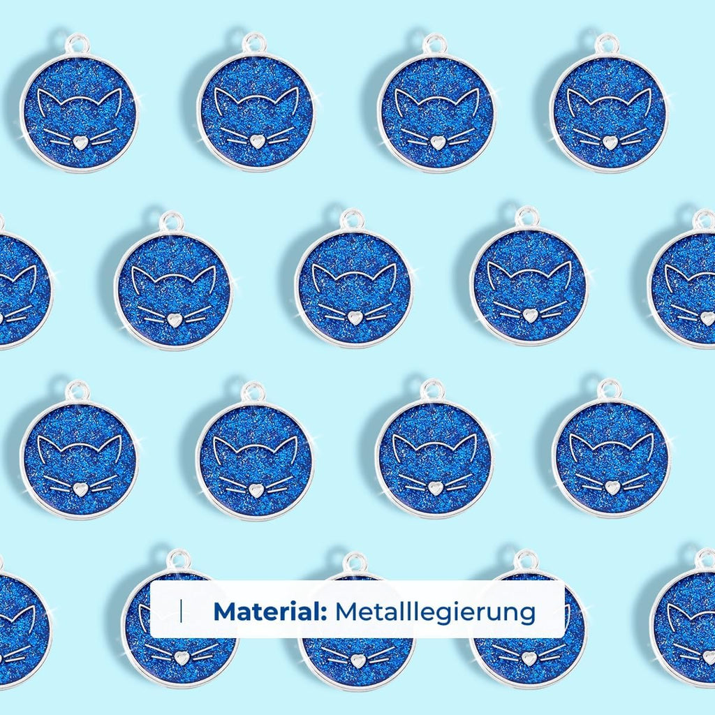 Ibera gifts - Runder Anhänger Katze mit Katzengesicht, personalisierter Adressanhänger für mittelgroße bis große Katzen, legiertes Metall, 25 x 25 mm, 4 Gravurzeilen auf der Rückseite (Glitter Blue)