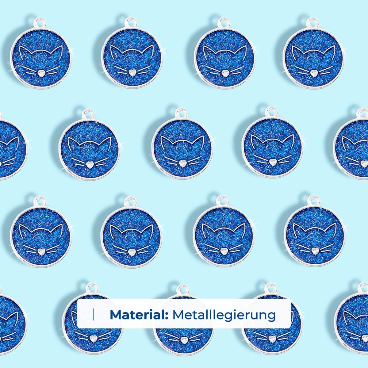 Ibera gifts - Runder Anhänger Katze mit Katzengesicht, personalisierter Adressanhänger für mittelgroße bis große Katzen, legiertes Metall, 25 x 25 mm, 4 Gravurzeilen auf der Rückseite (Glitter Blue)