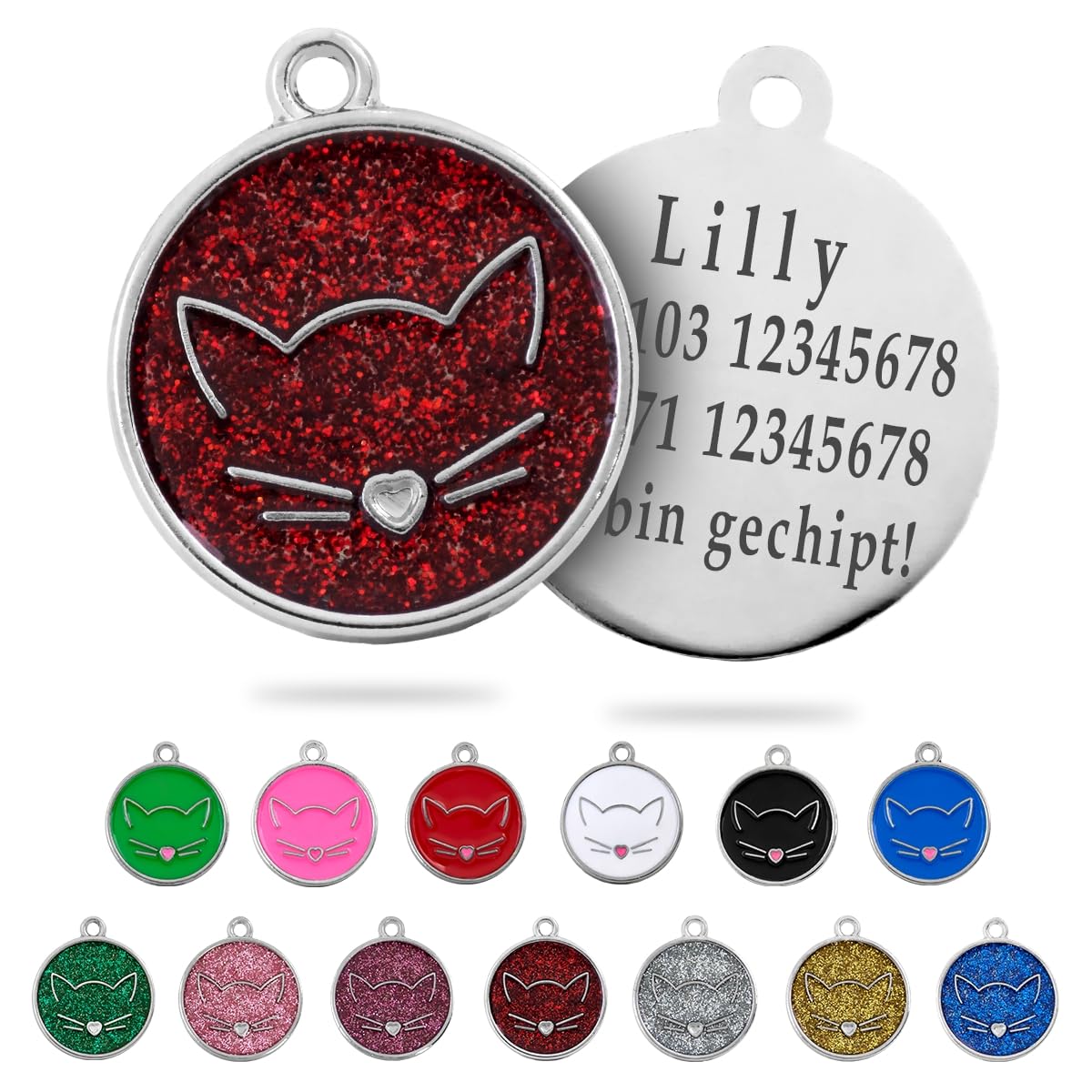 Ibera gifts - Runder Anhänger Katze mit Katzengesicht, personalisierter Adressanhänger für mittelgroße bis große Katzen, legiertes Metall, 25 x 25 mm, 4 Gravurzeilen auf der Rückseite (Glitter Blue)