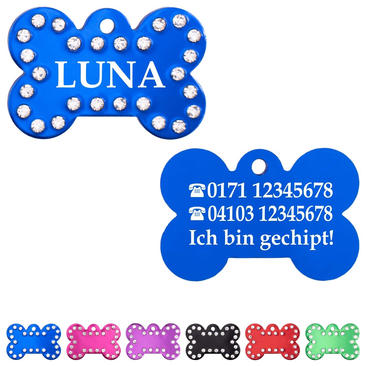 Ibera gifts: Hundemarke mit Gravur - Personalisierte Hundemarke aus glänzendem Aluminium mit Strasssteinen, Größe 40 x 26 mm, ideal für mittelgroße bis große Haustiere (Rot)