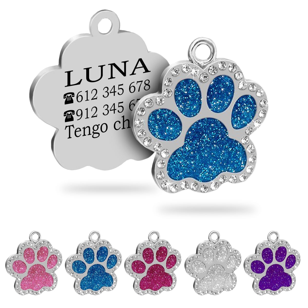 Ibera Gifts - Chapa Perro Grabada en Forma de Pata con Purpurina, Placa Perro Personalizada para Perros y Gatos Pequeños y Medianos, Tamaño 24 mm x 27 mm, Chapa Identificativa Perro y Gato (Azul)