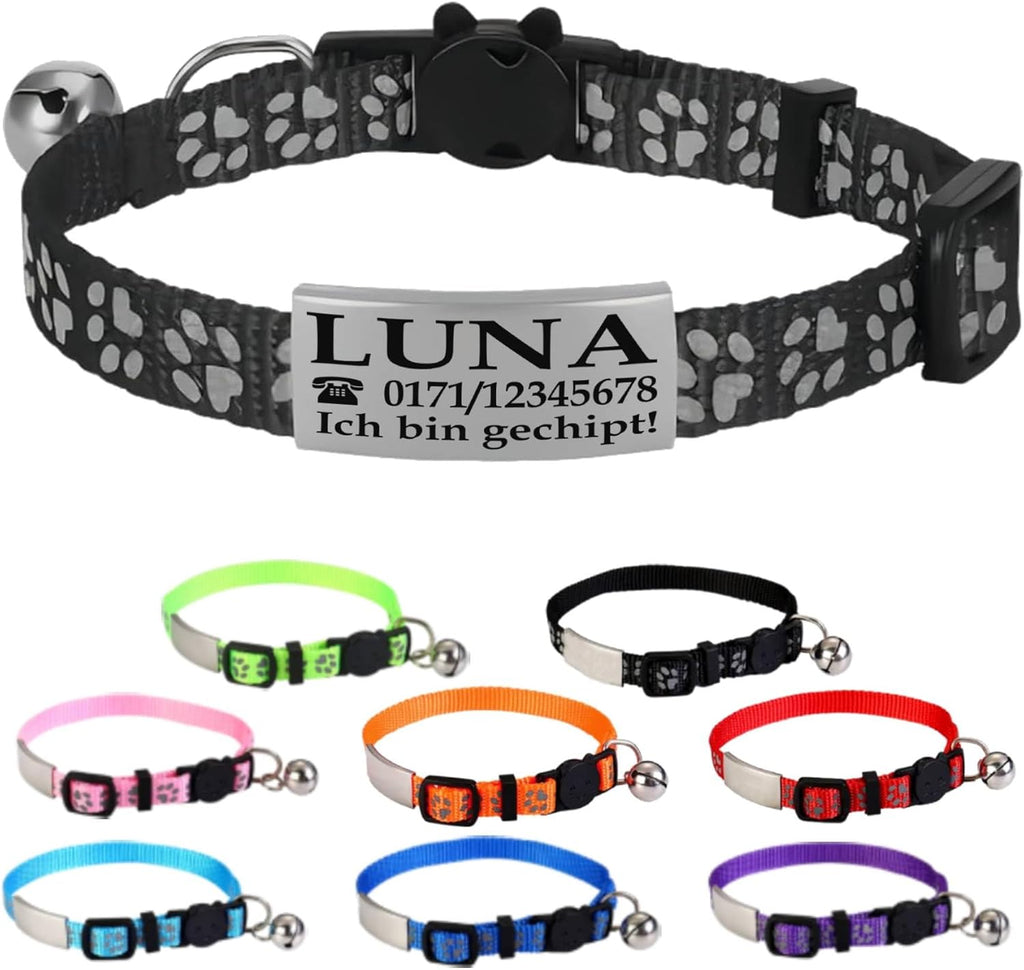 Ibera gifts - Katzenhalsband Personalisiert, Katzenhalsband mit Namen Für Katzen mit Sicherheitsverschluss Selbstöffnend, Reflektierend (Schwarz)