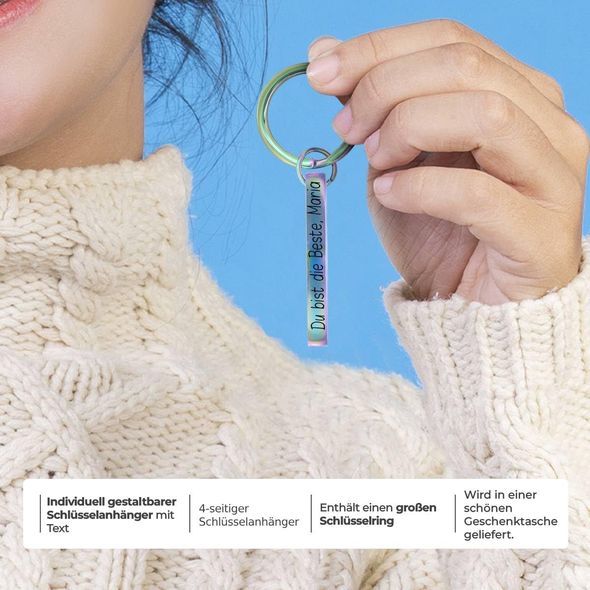 ibera gifts – schlüsselanhänger personalisiert aus Edelstahl | personalisierte schlüsselanhänger graviert auf 4 Seiten | Geschenkidee für Paare, Familie oder Freunde