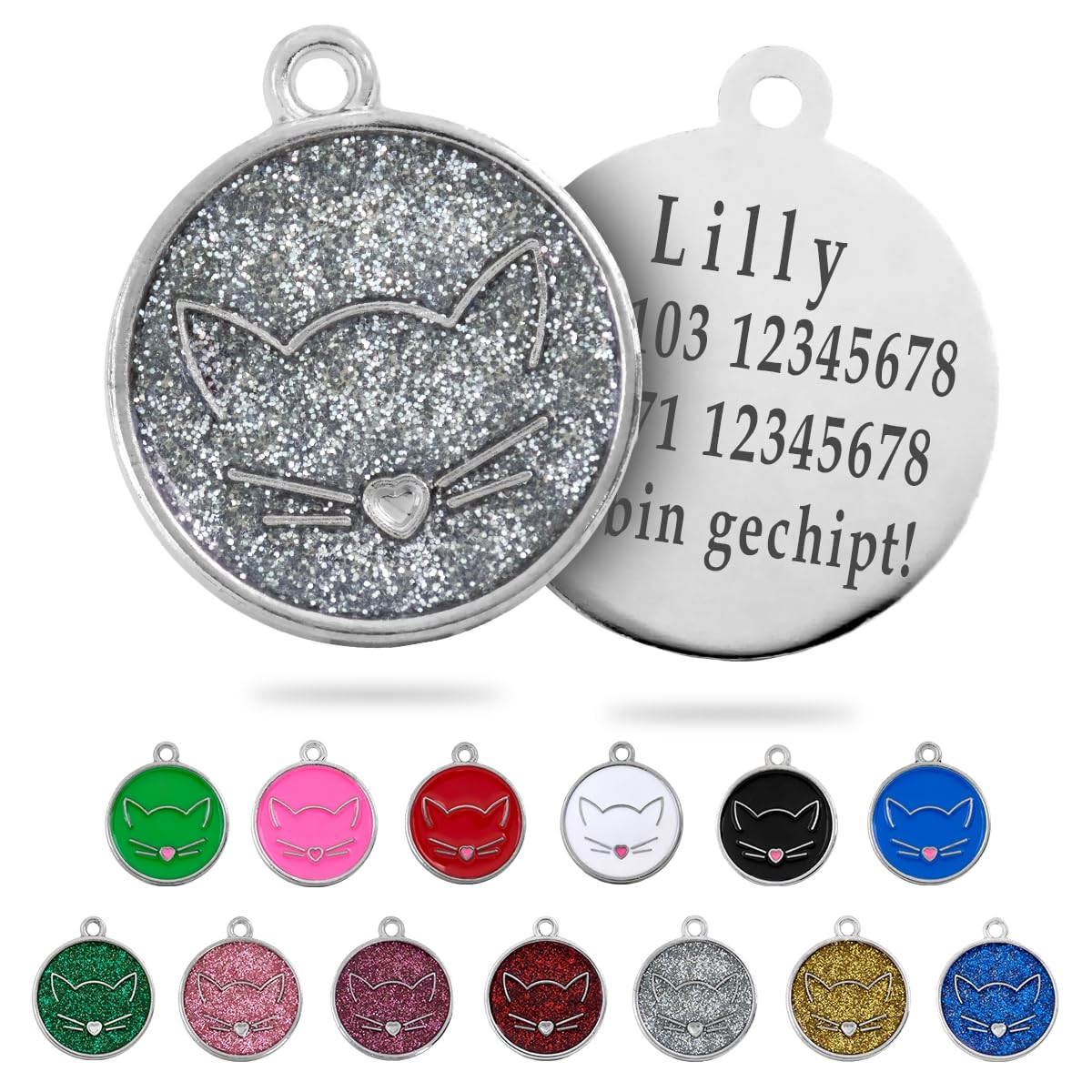 Ibera gifts - Runder Anhänger Katze mit Katzengesicht, personalisierter Adressanhänger für mittelgroße bis große Katzen, legiertes Metall, 25 x 25 mm, 4 Gravurzeilen auf der Rückseite (Glitter Blue)