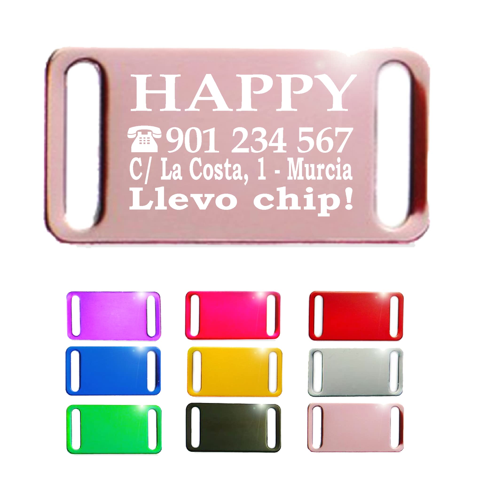 Ibera Gifts - Chapa Perro Grabada en Forma Rectangular para Fijar en el Collar, Placa Perro Personalizada para Perros y Gatos Pequeños a Medianos, Aluminio Brillante, Tamaño 44 x 22 mm (Plateado)