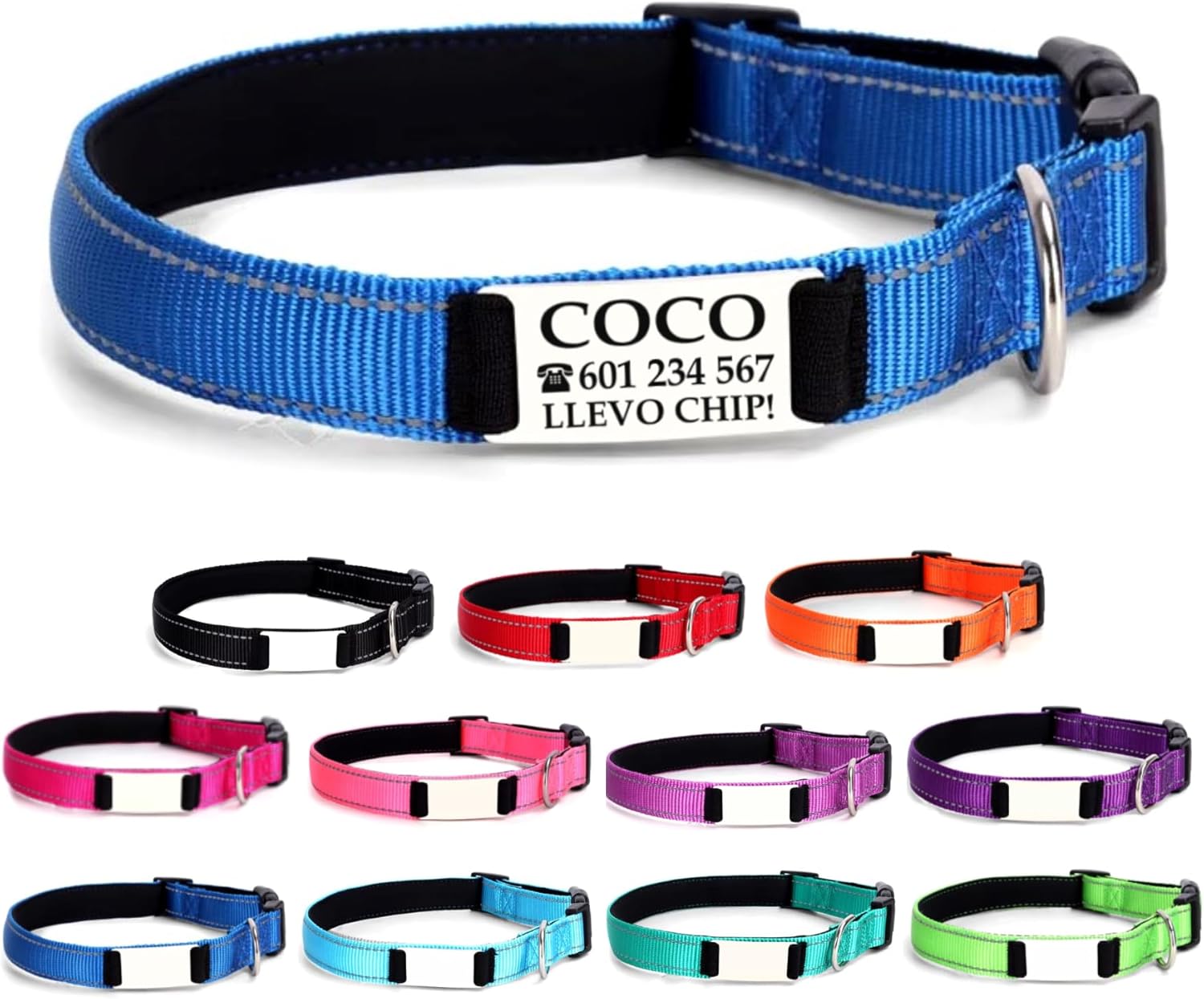 Ibera gifts - Collar Perro Personalizado con Nombre para Mascotas Pequeñas, Reflectante, Ajustable De 25 a 40 cm, Grabado Láser, Seguro y Cómodo (Azul, S pequeño)