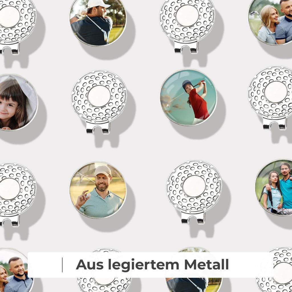 ibera gifts - 2 Golfball Markierer personalisiert mit Foto und 1 magnetischer Golf Cap Clip, Ballmarker Golf aus Metall, 2,5 cm Bilddurchmesser, in edler Metallbox