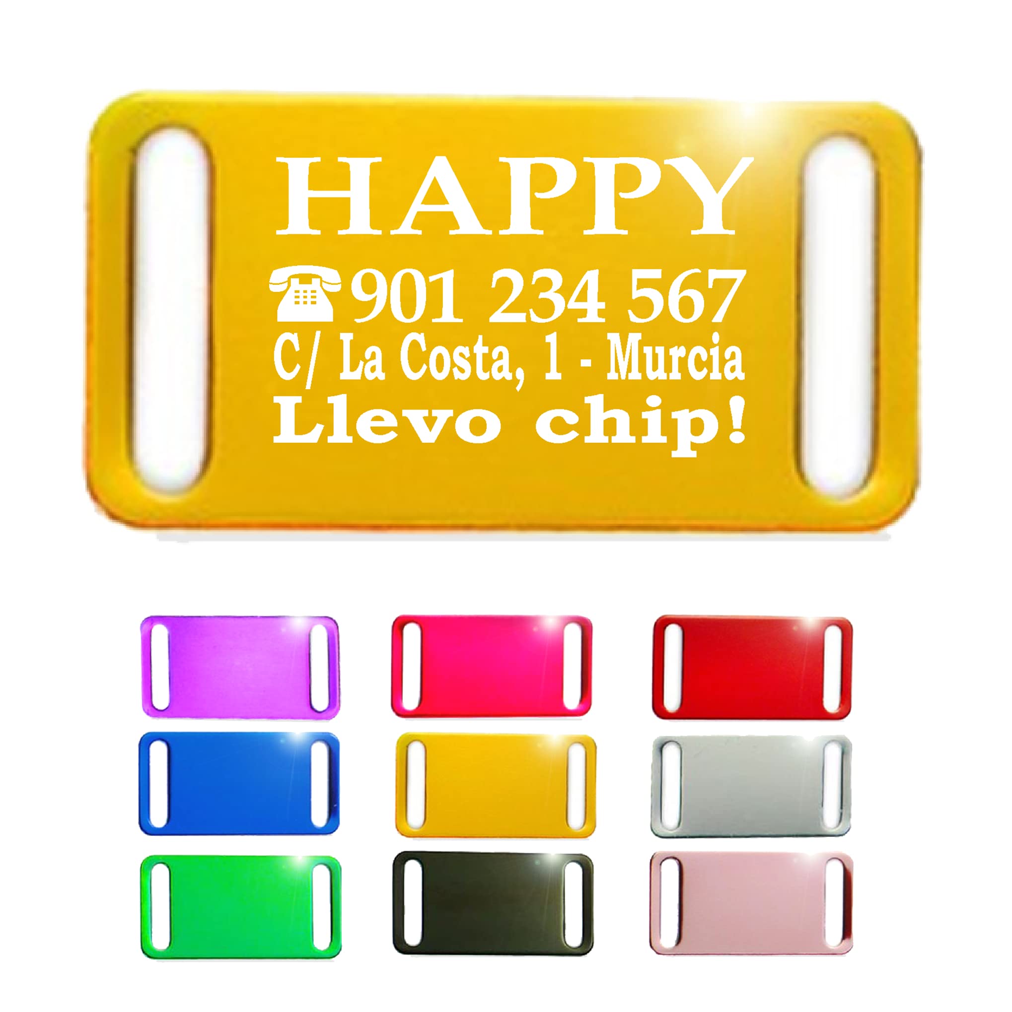 Ibera Gifts - Chapa Perro Grabada en Forma Rectangular para Fijar en el Collar, Placa Perro Personalizada para Perros y Gatos Pequeños a Medianos, Aluminio Brillante, Tamaño 44 x 22 mm (Plateado)