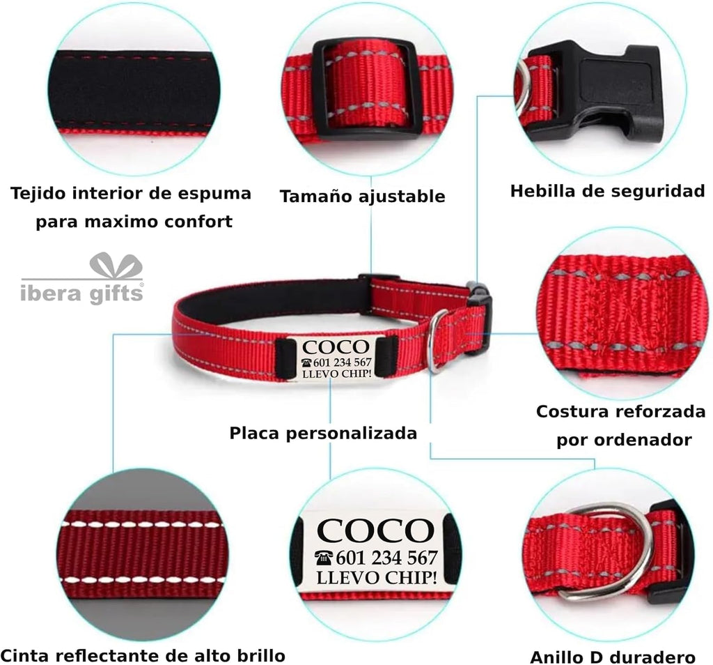 Ibera gifts - Collar Perro Personalizado con Nombre para Mascotas Pequeñas, Reflectante, Ajustable De 25 a 40 cm, Grabado Láser, Seguro y Cómodo (Azul, S pequeño)