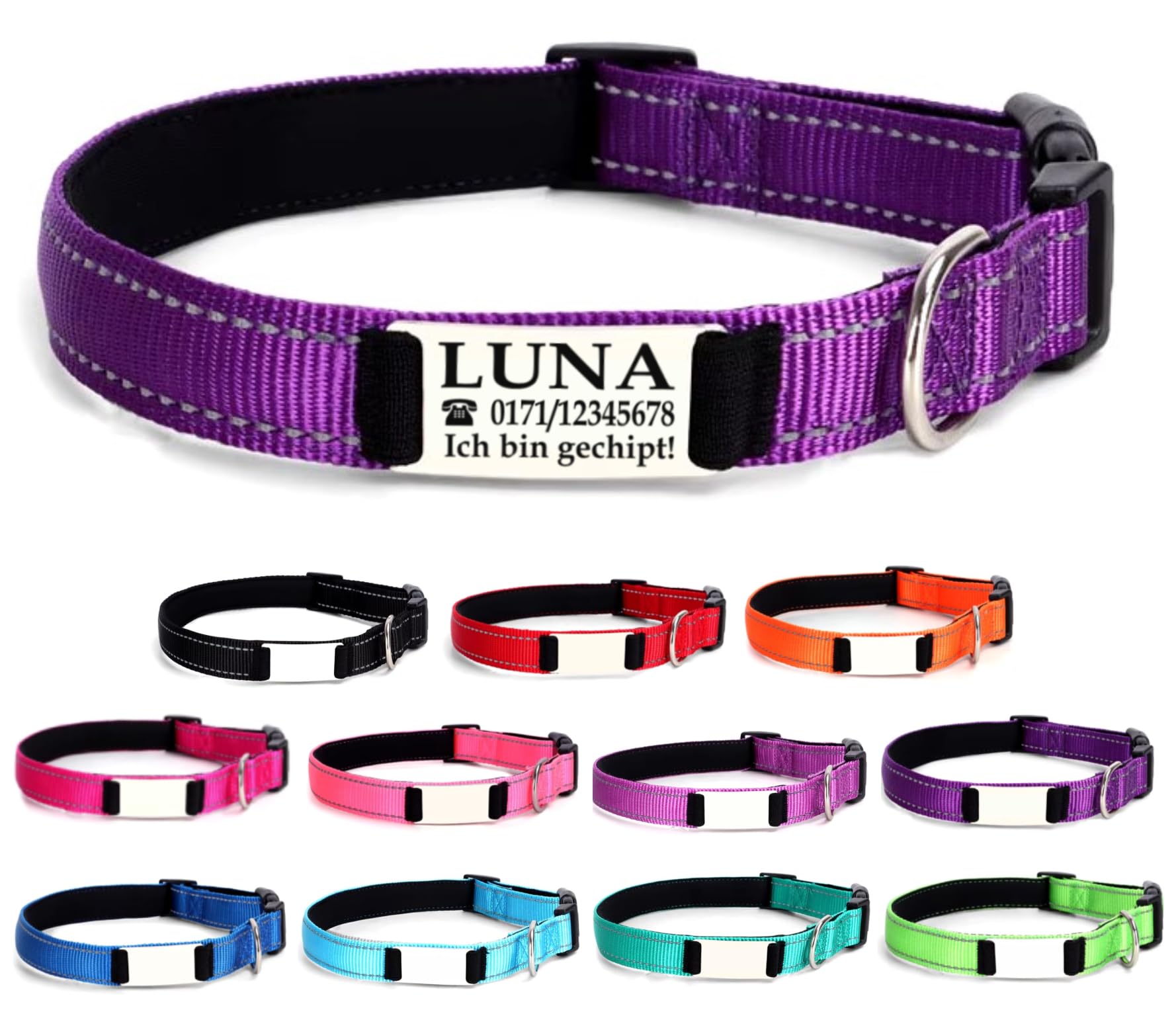 Ibera gifts - Hundehalsband Personalisiert, Hundehalsband Mit Namen Für Kleine Hunde, 25-40 cm, Reflektierend (Schwarz, S Klein)