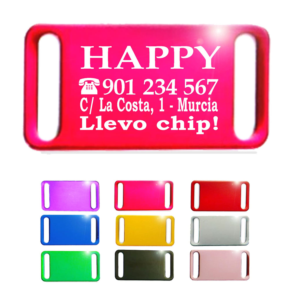 Ibera Gifts - Chapa Perro Grabada en Forma Rectangular para Fijar en el Collar, Placa Perro Personalizada para Perros y Gatos Pequeños a Medianos, Aluminio Brillante, Tamaño 44 x 22 mm (Plateado)