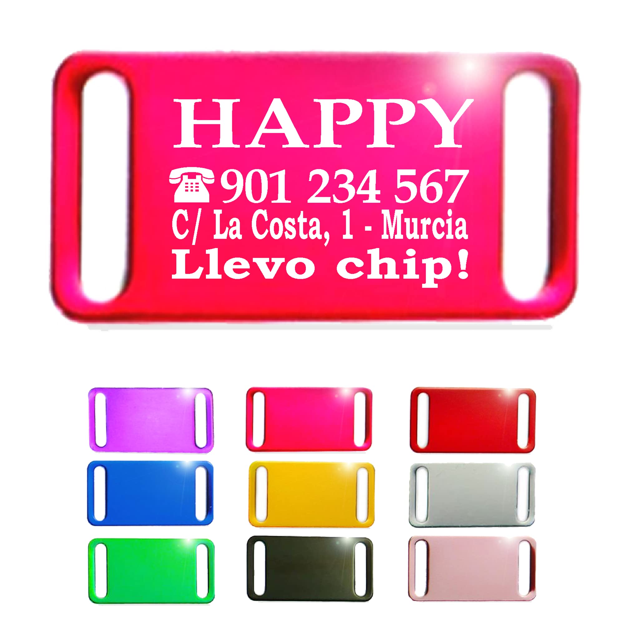 Ibera Gifts - Chapa Perro Grabada en Forma Rectangular para Fijar en el Collar, Placa Perro Personalizada para Perros y Gatos Pequeños a Medianos, Aluminio Brillante, Tamaño 44 x 22 mm (Plateado)