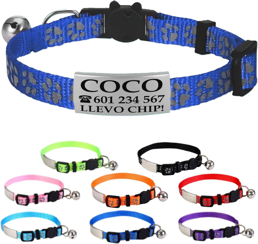 Ibera Gifts - Collar Gato Personalizado Antiahogo y Reflectante, Ajustable De 22 a 30 cm, Grabado Con Nombre, Para Gatos De Todos Los Tamaños, Sin Cascabel (Azul)