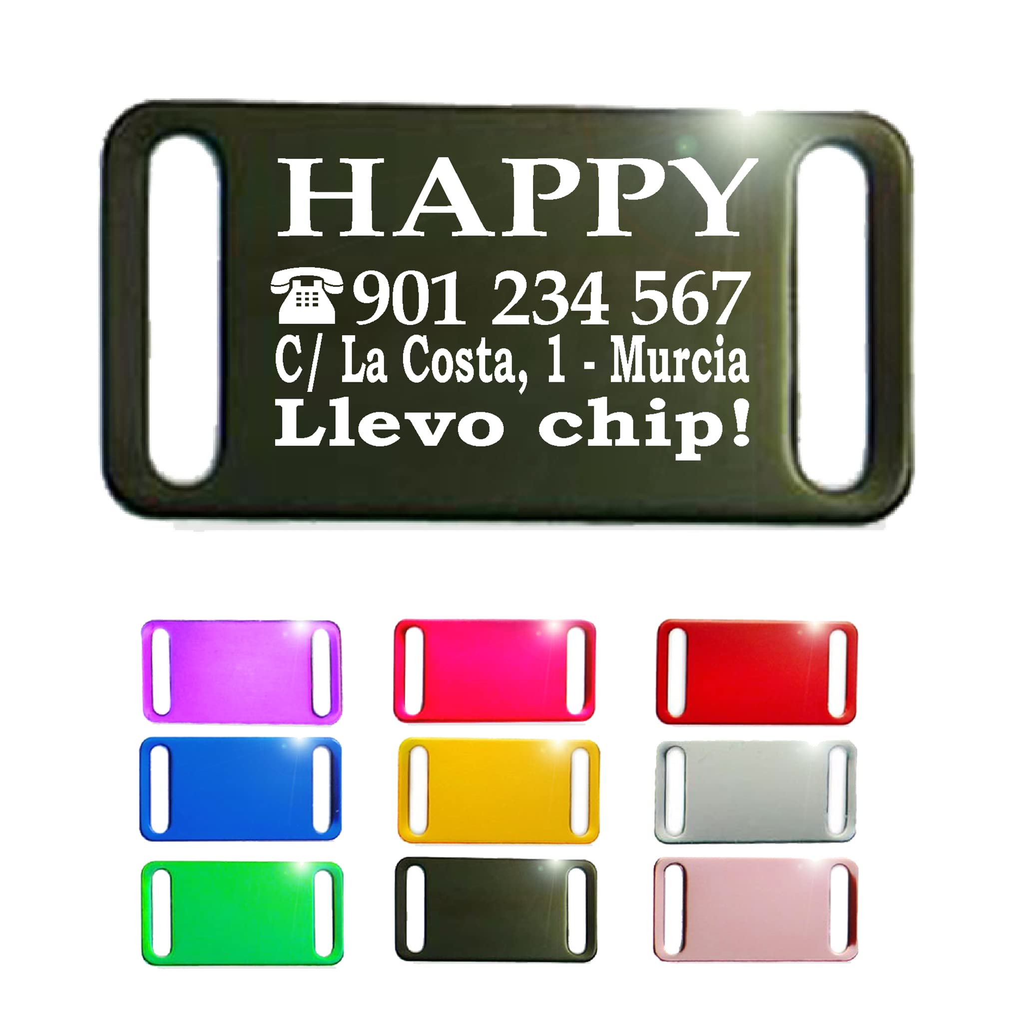 Ibera Gifts - Chapa Perro Grabada en Forma Rectangular para Fijar en el Collar, Placa Perro Personalizada para Perros y Gatos Pequeños a Medianos, Aluminio Brillante, Tamaño 44 x 22 mm (Plateado)