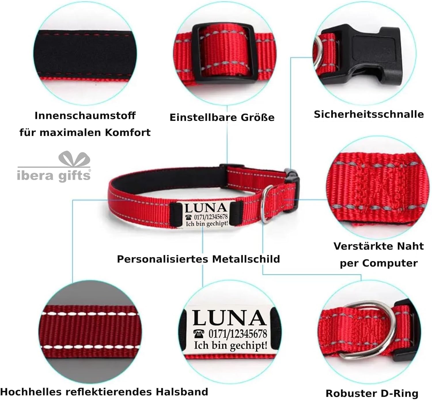 Ibera gifts - Hundehalsband Personalisiert, Hundehalsband Mit Namen Für Kleine Hunde, 25-40 cm, Reflektierend (Schwarz, S Klein)