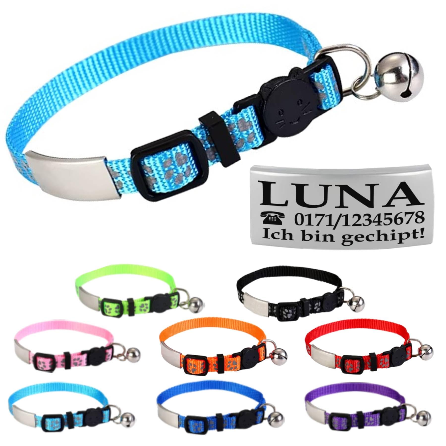 Ibera gifts - Katzenhalsband Personalisiert, Katzenhalsband mit Namen Für Katzen mit Sicherheitsverschluss Selbstöffnend, Reflektierend (Schwarz)