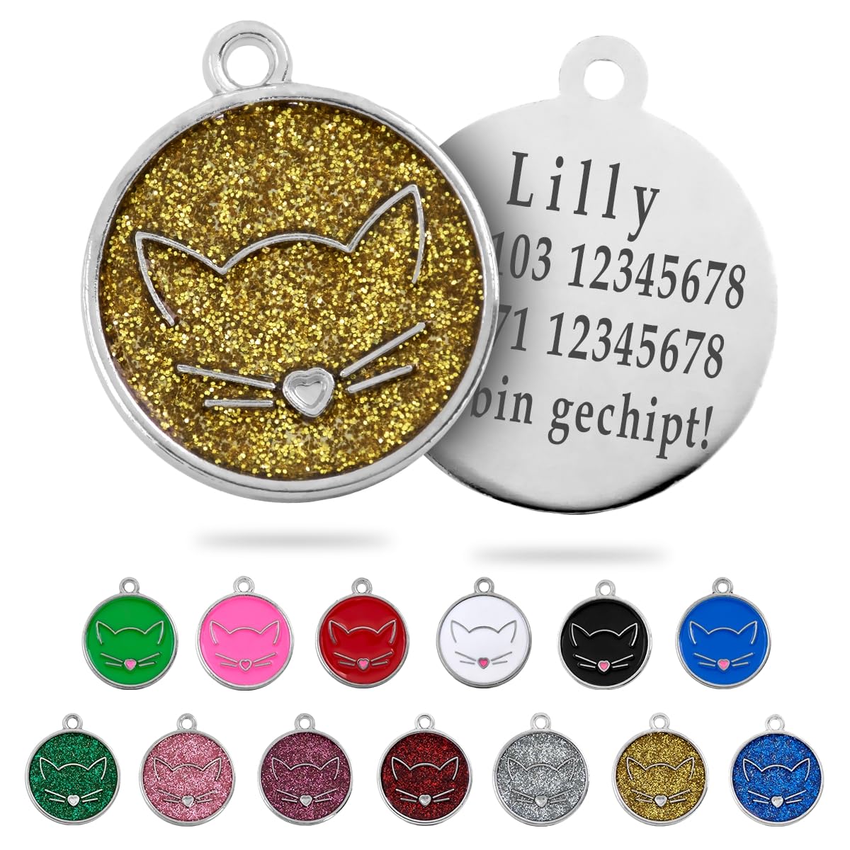 Ibera gifts - Runder Anhänger Katze mit Katzengesicht, personalisierter Adressanhänger für mittelgroße bis große Katzen, legiertes Metall, 25 x 25 mm, 4 Gravurzeilen auf der Rückseite (Glitter Blue)