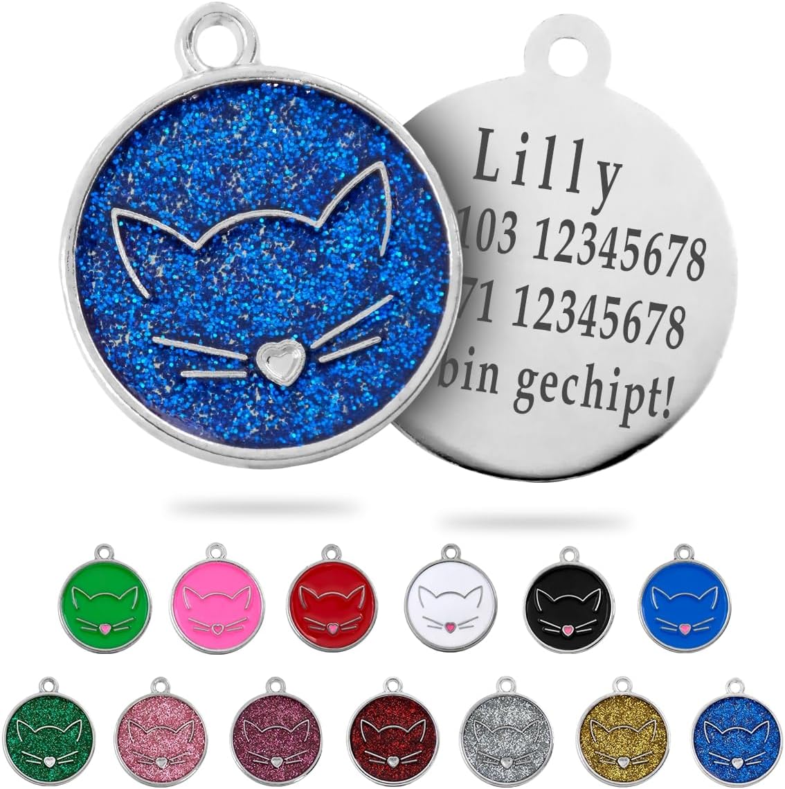 Ibera gifts - Runder Anhänger Katze mit Katzengesicht, personalisierter Adressanhänger für mittelgroße bis große Katzen, legiertes Metall, 25 x 25 mm, 4 Gravurzeilen auf der Rückseite (Glitter Blue)