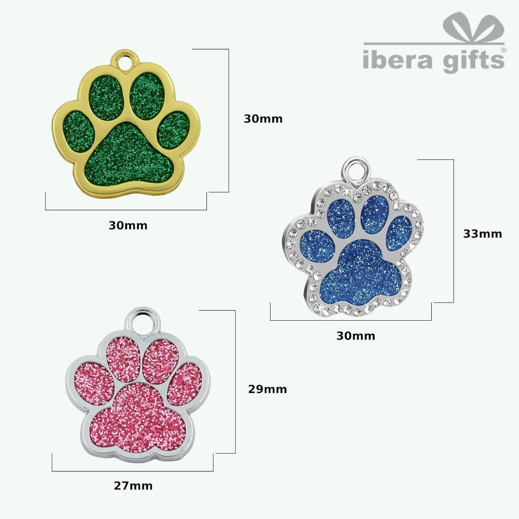 Ibera Gifts - Chapa Perro Grabada en Forma de Pata con Purpurina, Placa Perro Personalizada para Perros y Gatos Pequeños y Medianos, Tamaño 24 mm x 27 mm, Chapa Identificativa Perro y Gato (Azul)