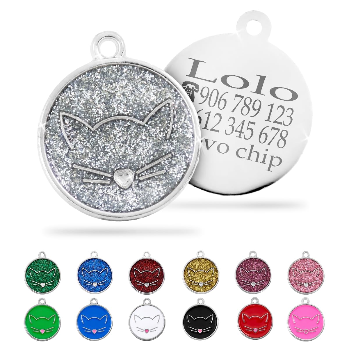 Ibera Gifts - Chapa Identificativa para Gato en Forma Redonda Con Cara de Gato, Nombre para Gatos de Todos los Tamaños, Metal de Aleación, Collar Personalizado (Negro)