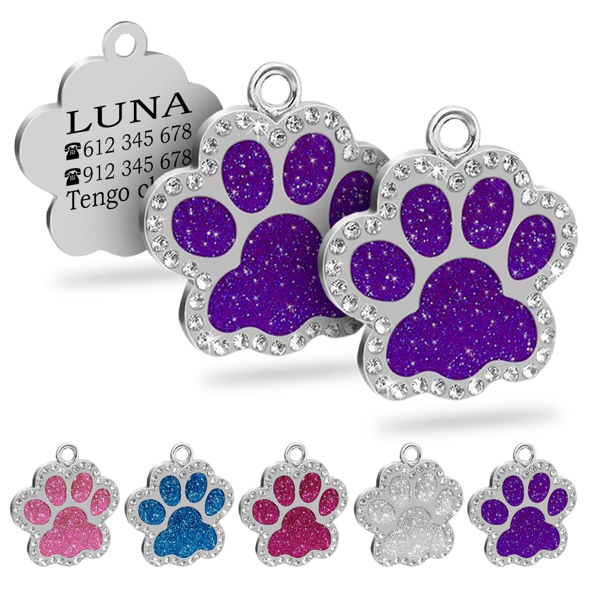 Ibera Gifts - Chapa Perro Grabada en Forma de Pata con Purpurina, Placa Perro Personalizada para Perros y Gatos Pequeños y Medianos, Tamaño 24 mm x 27 mm, Chapa Identificativa Perro y Gato (Azul)