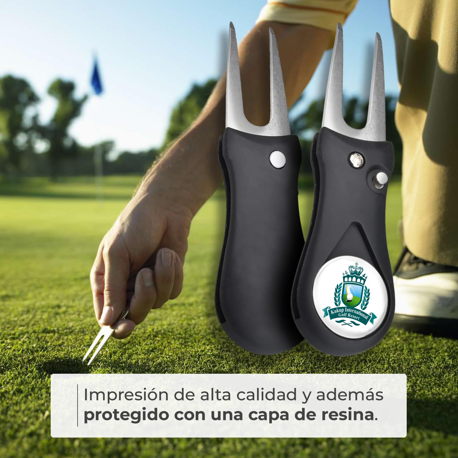 Arreglapiques de Golf con Marcador Magnetico Bolas Personalizado con Foto - Regalos para golfistas - Divot Tool, Pitch Fork, Accesorios arregla piques Repair pique repara green - Acabado Profesional