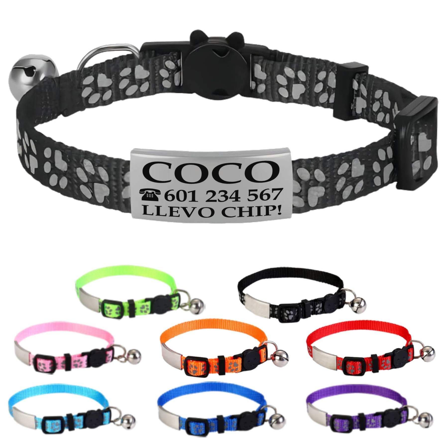 Ibera Gifts - Collar Gato Personalizado Antiahogo y Reflectante, Ajustable De 22 a 30 cm, Grabado Con Nombre, Para Gatos De Todos Los Tamaños, Sin Cascabel (Azul)