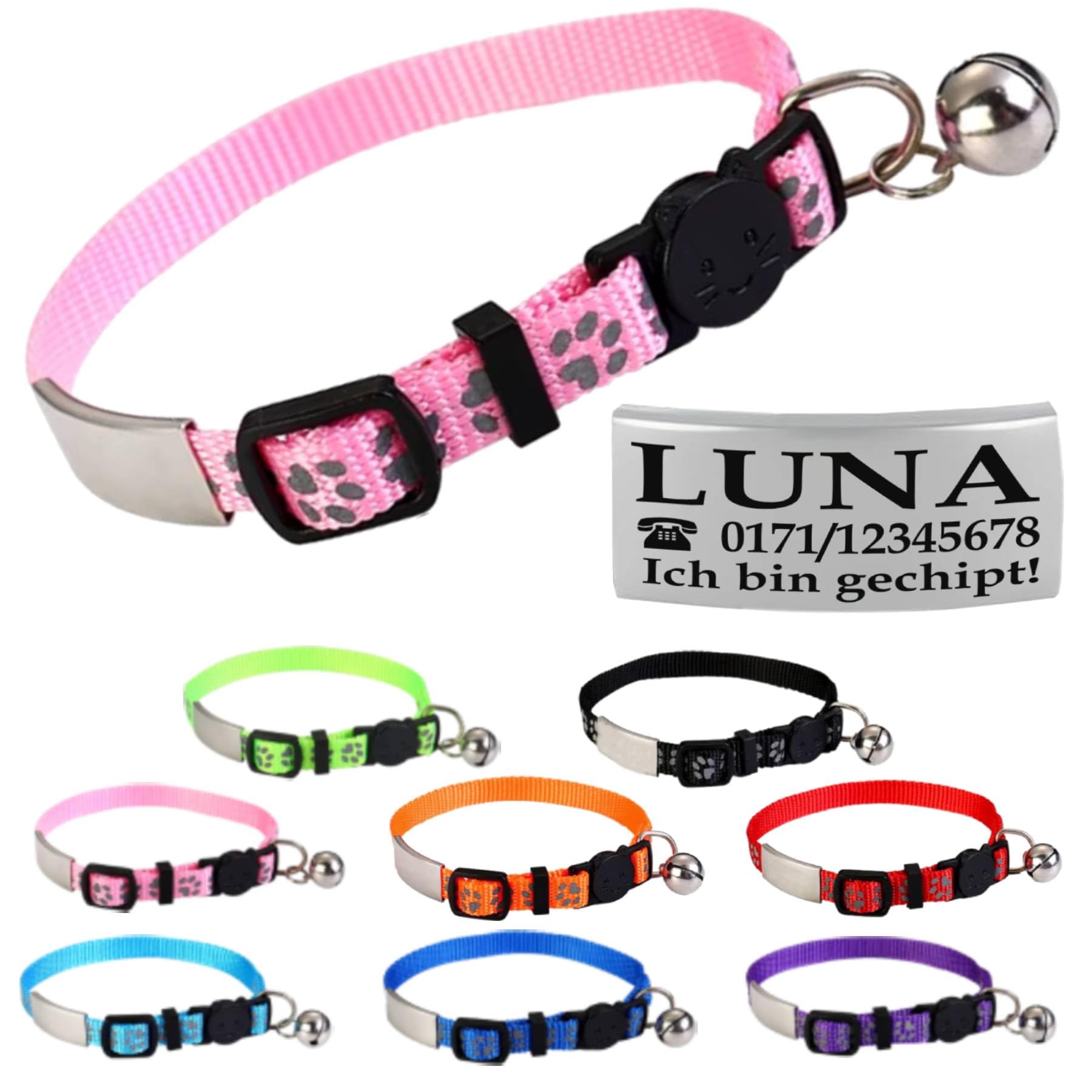 Ibera gifts - Katzenhalsband Personalisiert, Katzenhalsband mit Namen Für Katzen mit Sicherheitsverschluss Selbstöffnend, Reflektierend (Schwarz)