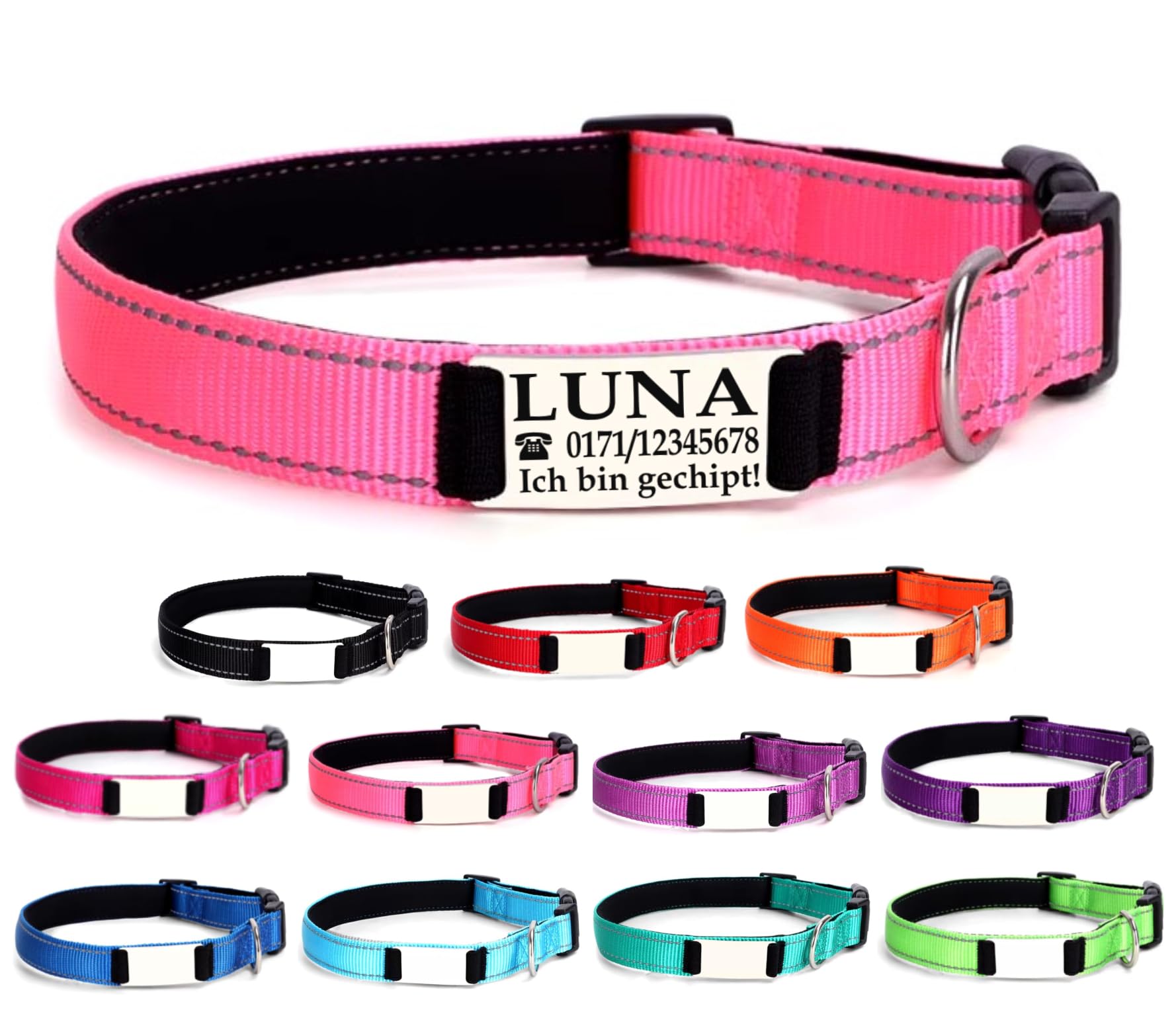 Ibera gifts - Hundehalsband Personalisiert, Hundehalsband Mit Namen Für Kleine Hunde, 25-40 cm, Reflektierend (Schwarz, S Klein)