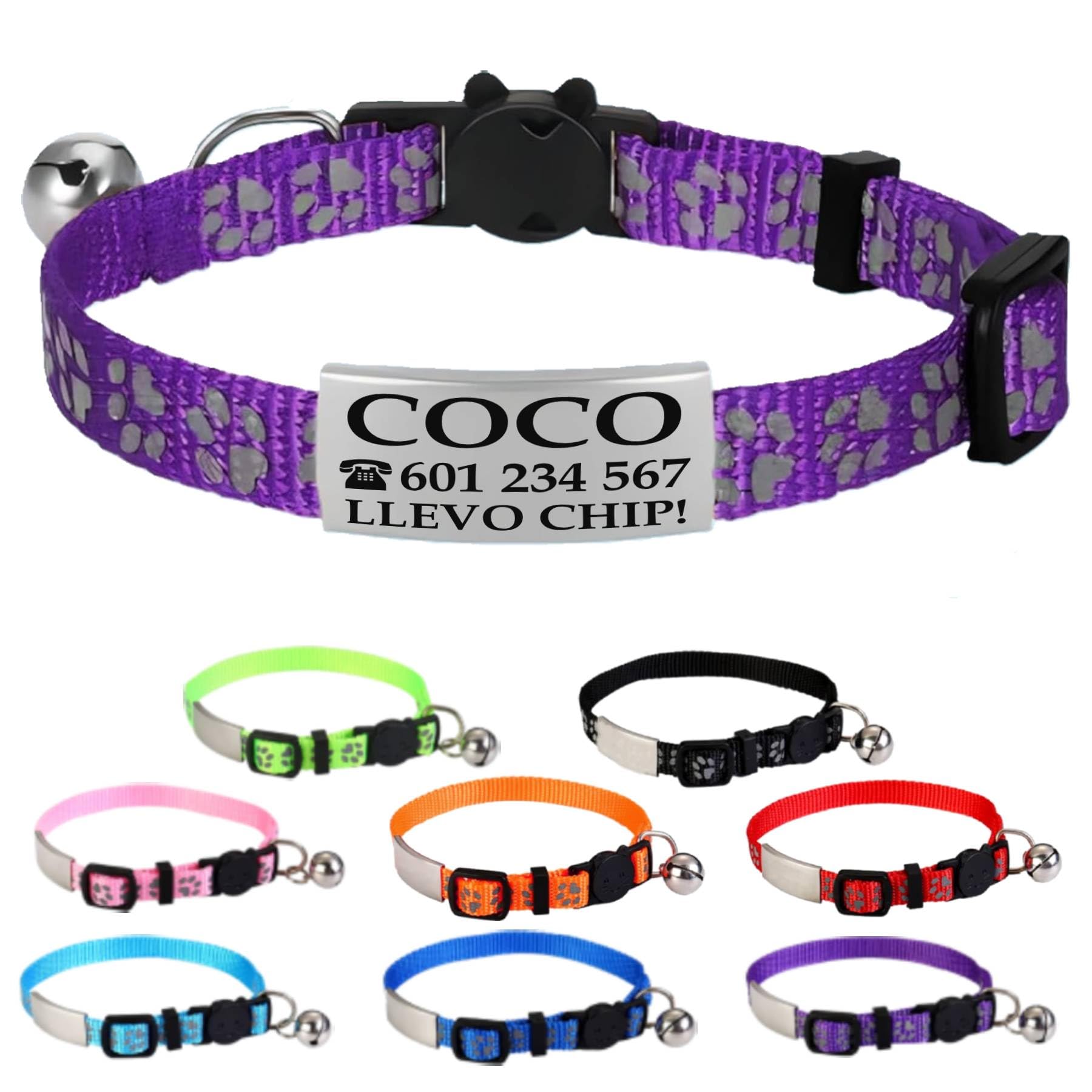 Ibera Gifts - Collar Gato Personalizado Antiahogo y Reflectante, Ajustable De 22 a 30 cm, Grabado Con Nombre, Para Gatos De Todos Los Tamaños, Sin Cascabel (Azul)