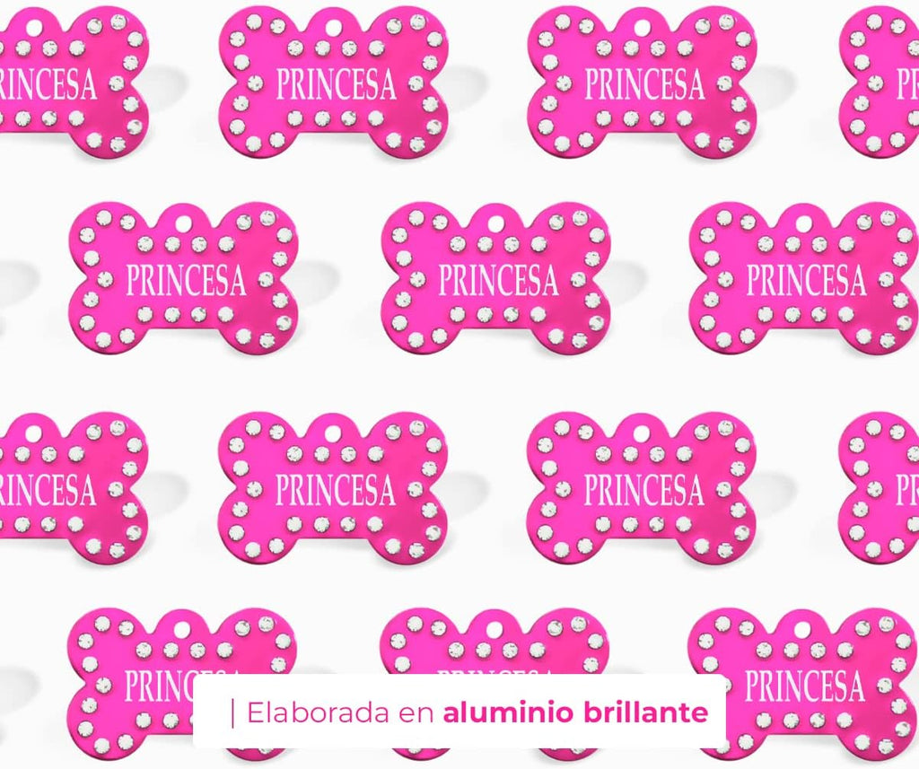 Ibera Gifts - Chapa Perro Grabada en Forma de Hueso con Pedrería, Placa Perro Personalizada para Perros y Gatos Medianos a Grandes, Tamaño 40 x 27 mm, Chapa Identificativa Perro y Gato (Fucsia)