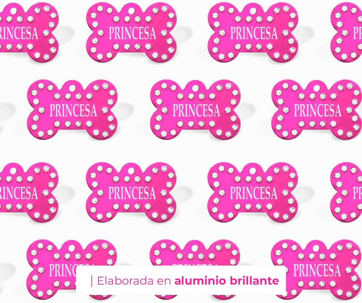 Ibera Gifts - Chapa Perro Grabada en Forma de Hueso con Pedrería, Placa Perro Personalizada para Perros y Gatos Medianos a Grandes, Tamaño 40 x 27 mm, Chapa Identificativa Perro y Gato (Fucsia)