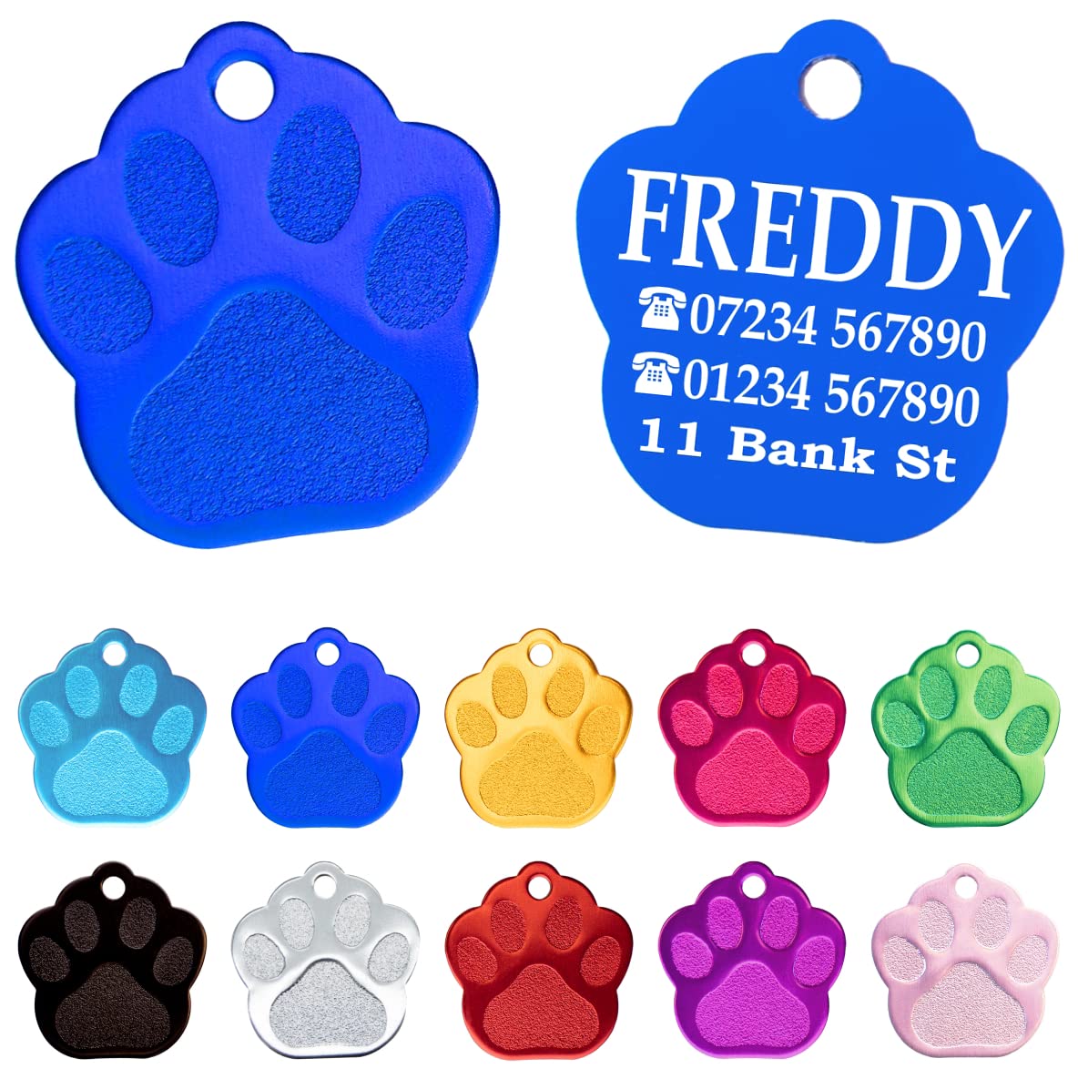 Chapa Perro Grabada en Forma de Pata, Placa Perro Personalizada para Perros y Gatos Medianos y Grandes, Tamaño 35 mm x 35 mm, Chapa Identificativa Perro y Gato (Lila)