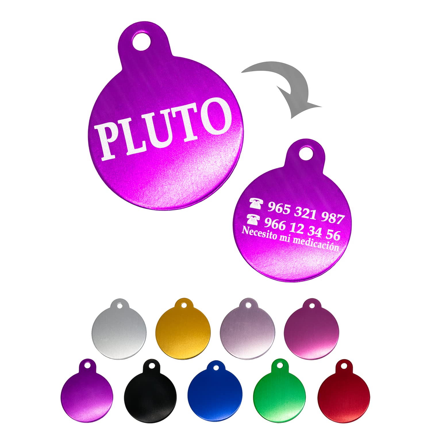 Ibera Gifts - Chapa Perro Grabada en Forma Redonda, Placa Perro Personalizada para Perros y Gatos Medianos a Grandes, Tamaño 30 x 30 mm, Chapa Identificativa Perro y Gato (Azul)