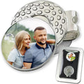 ibera gifts - 2 Golfball Markierer personalisiert mit Foto und 1 magnetischer Golf Cap Clip, Ballmarker Golf aus Metall, 2,5 cm Bilddurchmesser, in edler Metallbox