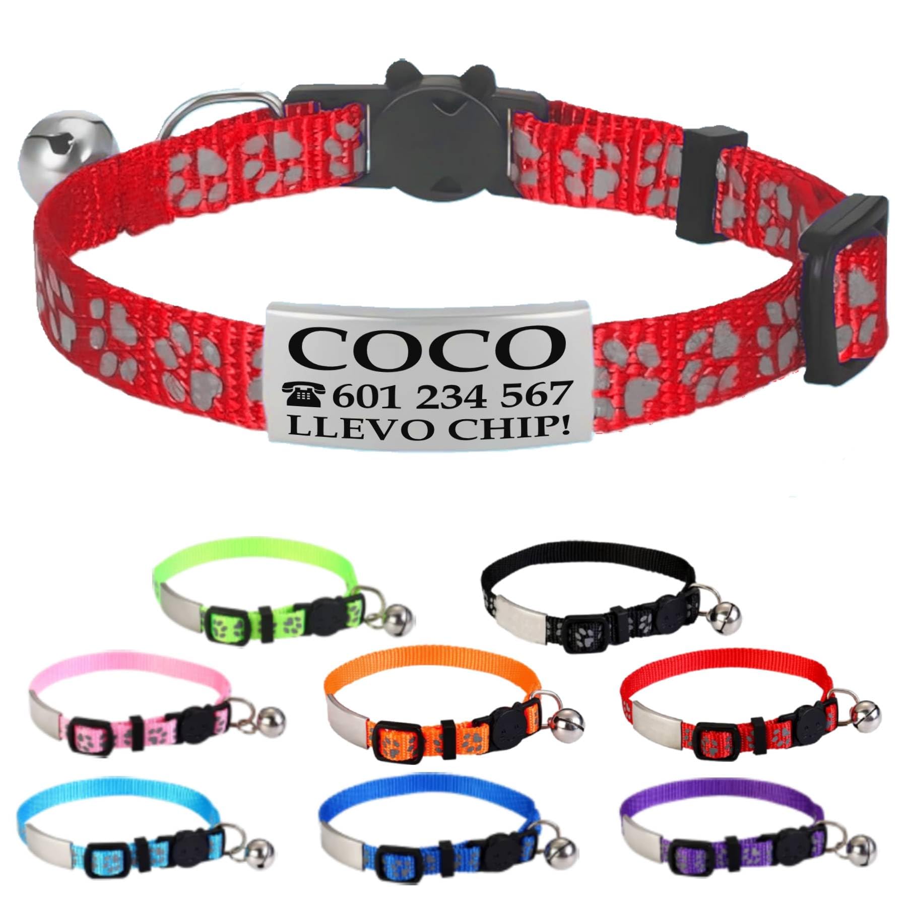 Ibera Gifts - Collar Gato Personalizado Antiahogo y Reflectante, Ajustable De 22 a 30 cm, Grabado Con Nombre, Para Gatos De Todos Los Tamaños, Sin Cascabel (Azul)