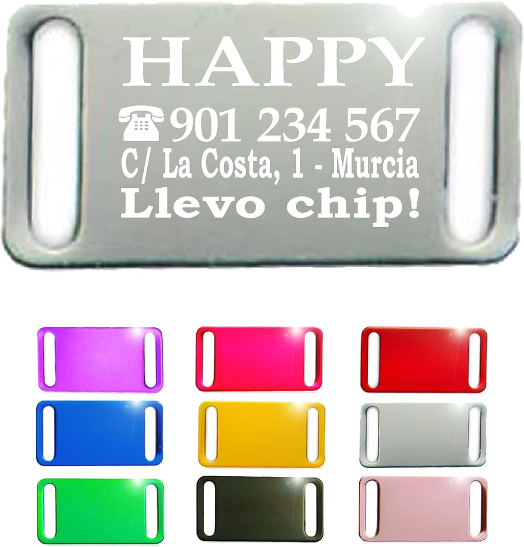 Ibera Gifts - Chapa Perro Grabada en Forma Rectangular para Fijar en el Collar, Placa Perro Personalizada para Perros y Gatos Pequeños a Medianos, Aluminio Brillante, Tamaño 44 x 22 mm (Plateado)
