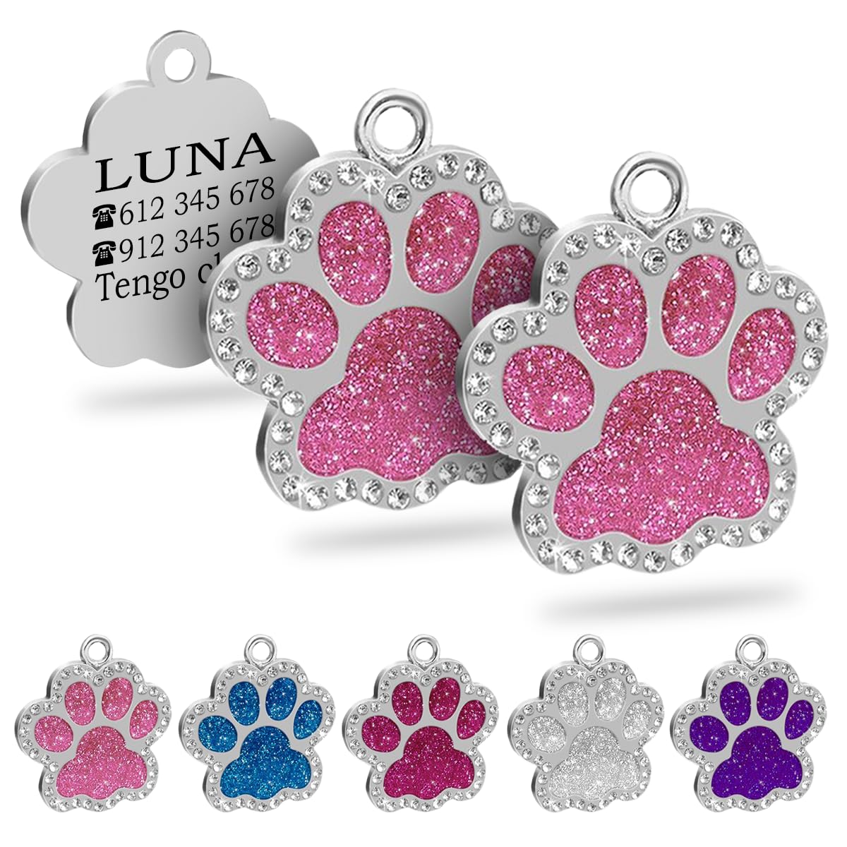Ibera Gifts - Chapa Perro Grabada en Forma de Pata con Purpurina, Placa Perro Personalizada para Perros y Gatos Pequeños y Medianos, Tamaño 24 mm x 27 mm, Chapa Identificativa Perro y Gato (Azul)