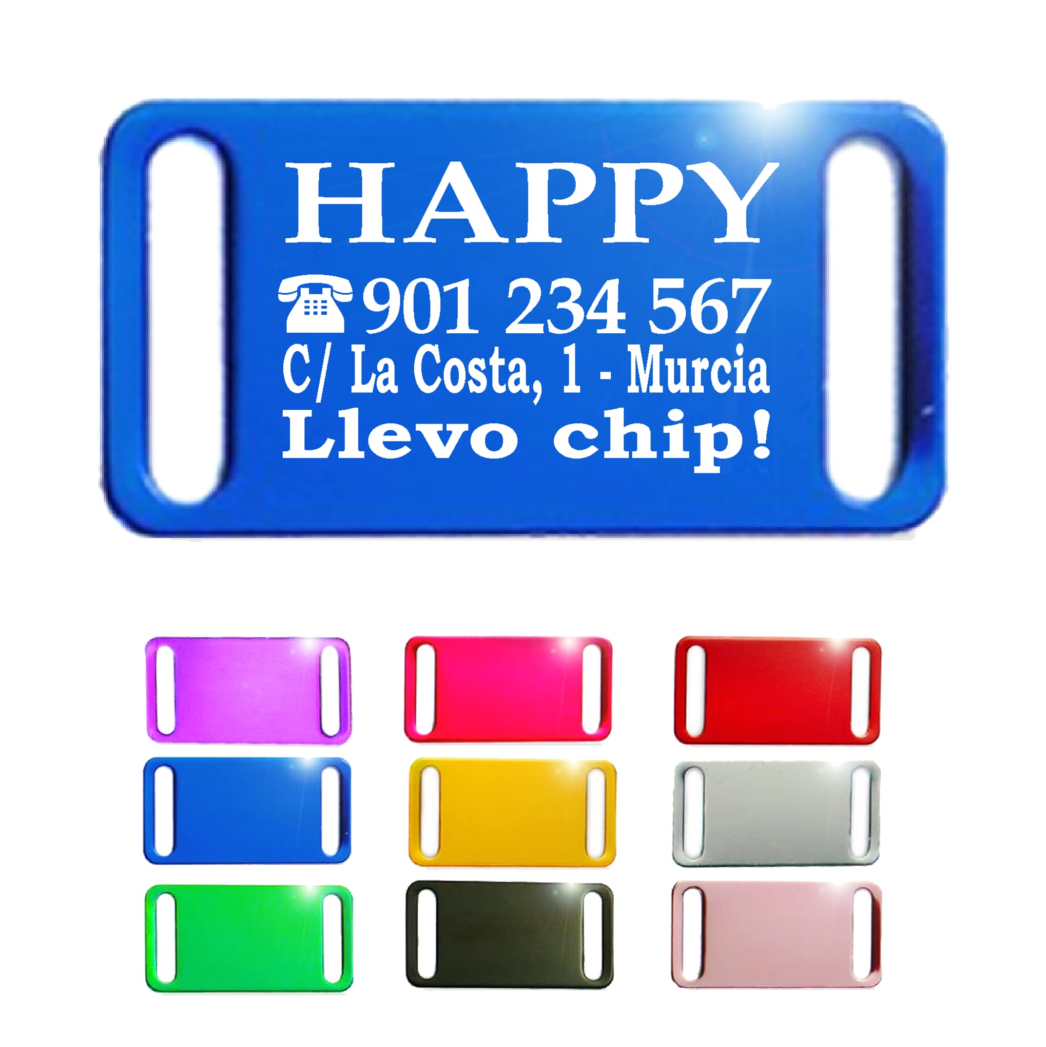 Ibera Gifts - Chapa Perro Grabada en Forma Rectangular para Fijar en el Collar, Placa Perro Personalizada para Perros y Gatos Pequeños a Medianos, Aluminio Brillante, Tamaño 44 x 22 mm (Plateado)