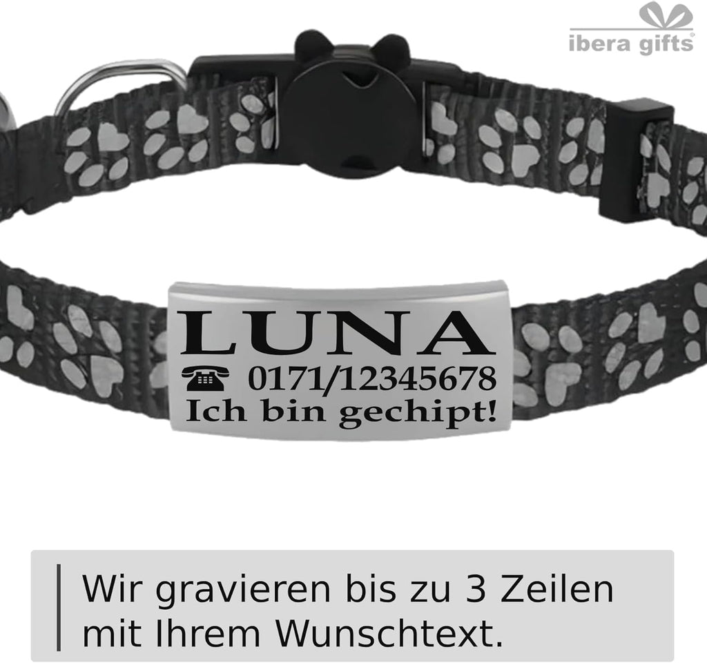 Ibera gifts - Katzenhalsband Personalisiert, Katzenhalsband mit Namen Für Katzen mit Sicherheitsverschluss Selbstöffnend, Reflektierend (Schwarz)