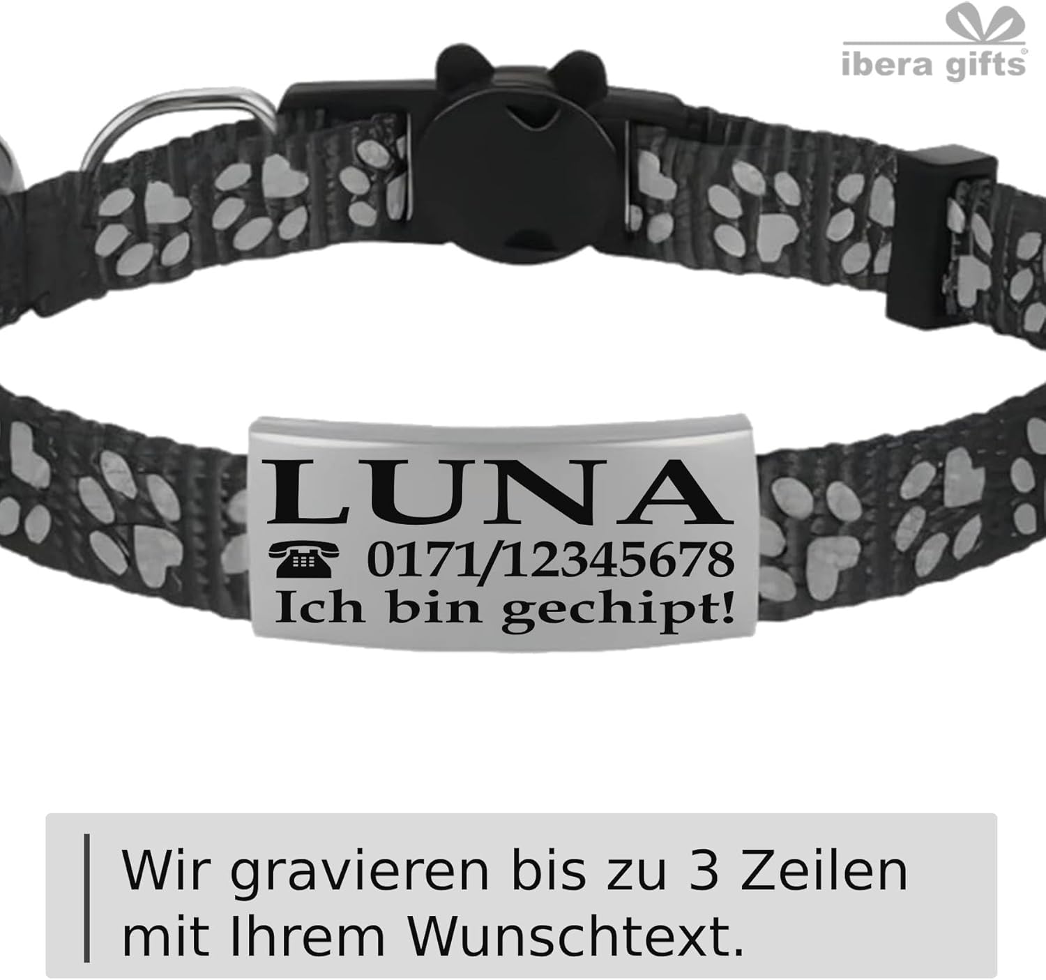 Ibera gifts - Katzenhalsband Personalisiert, Katzenhalsband mit Namen Für Katzen mit Sicherheitsverschluss Selbstöffnend, Reflektierend (Schwarz)