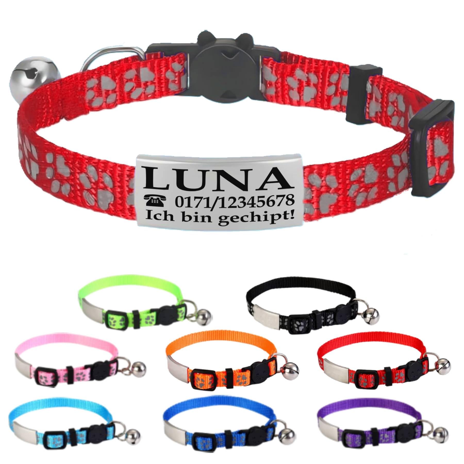 Ibera gifts - Katzenhalsband Personalisiert, Katzenhalsband mit Namen Für Katzen mit Sicherheitsverschluss Selbstöffnend, Reflektierend (Schwarz)