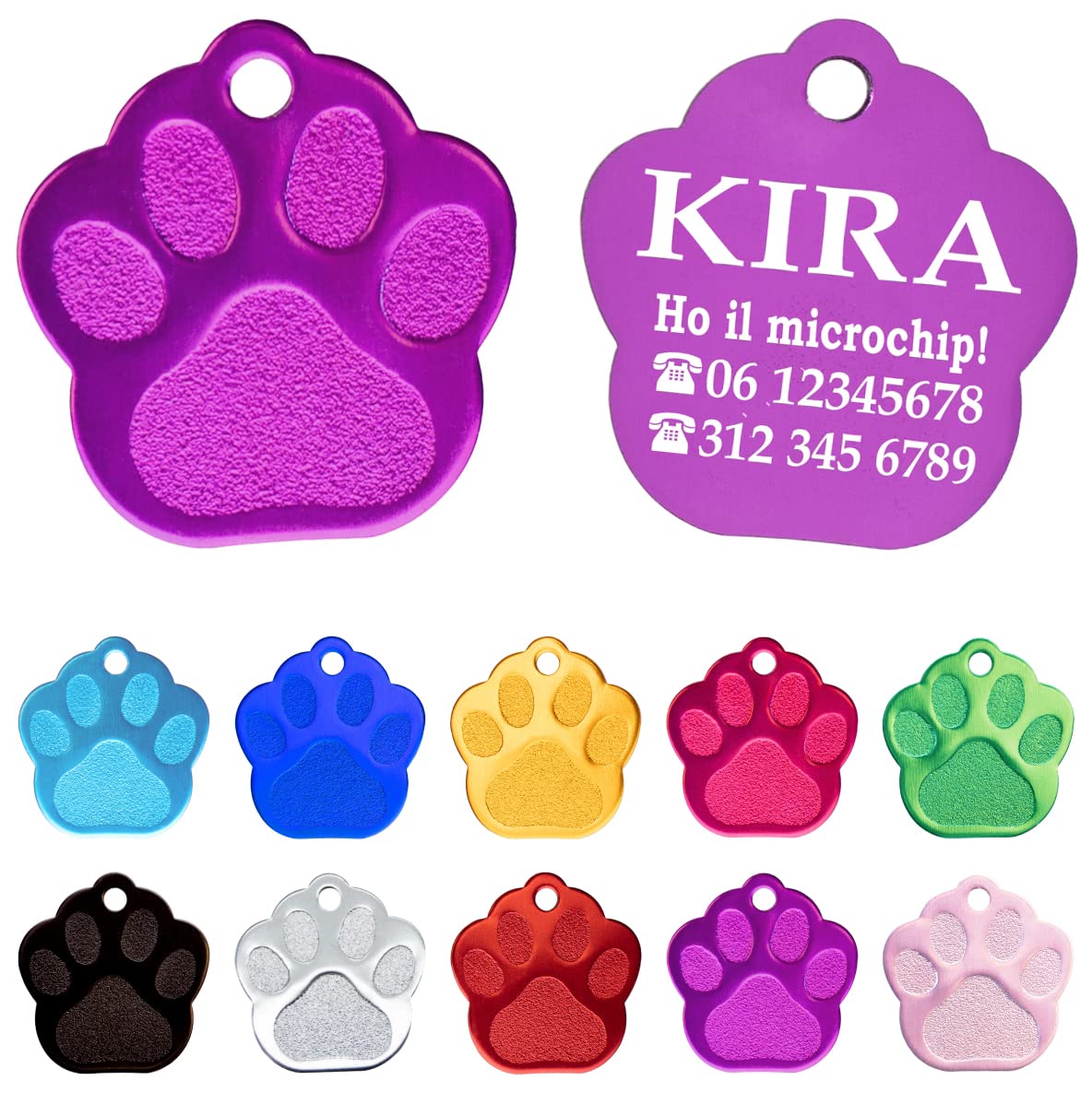 Chapa Perro Grabada en Forma de Pata, Placa Perro Personalizada para Perros y Gatos Medianos y Grandes, Tamaño 35 mm x 35 mm, Chapa Identificativa Perro y Gato (Lila)