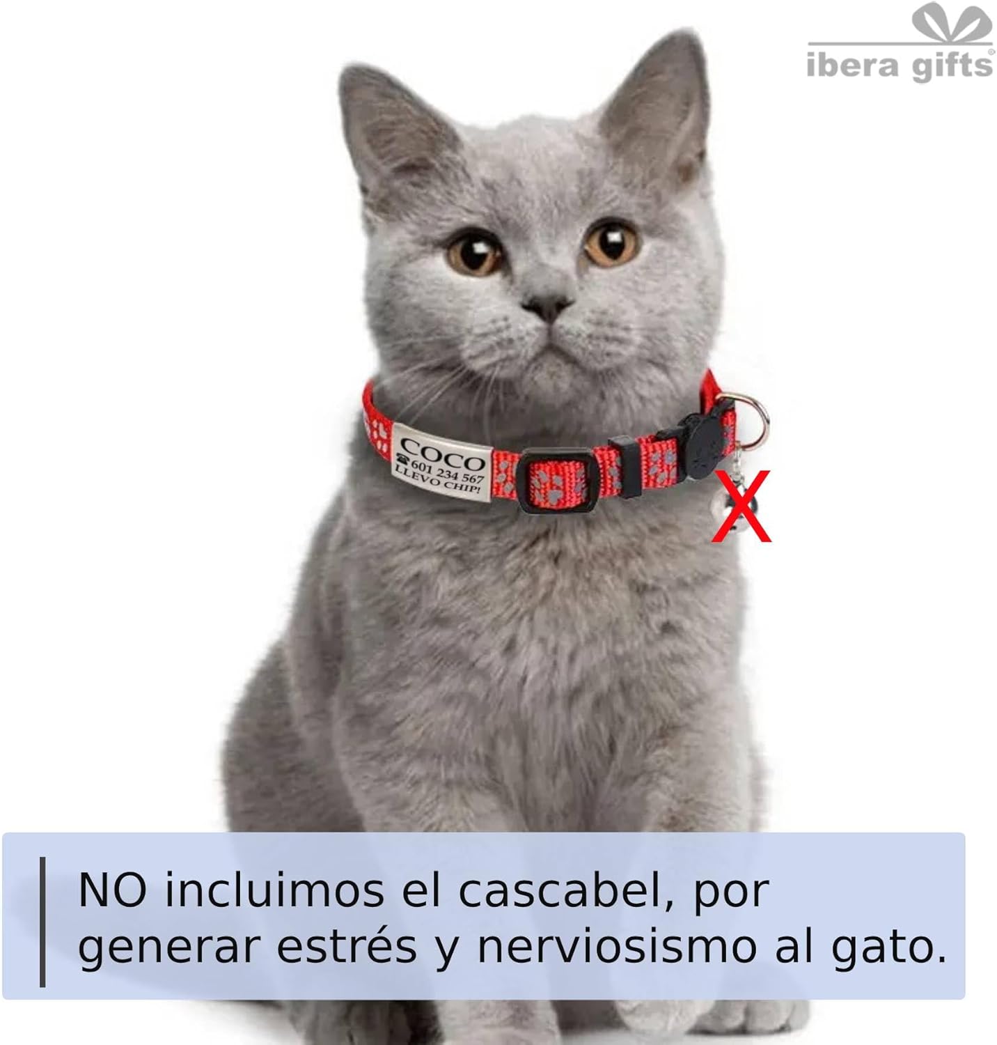 Ibera Gifts - Collar Gato Personalizado Antiahogo y Reflectante, Ajustable De 22 a 30 cm, Grabado Con Nombre, Para Gatos De Todos Los Tamaños, Sin Cascabel (Azul)
