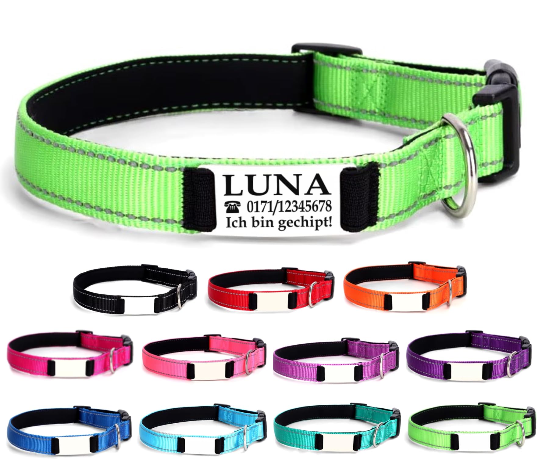 Ibera gifts - Hundehalsband Personalisiert, Hundehalsband Mit Namen Für Kleine Hunde, 25-40 cm, Reflektierend (Schwarz, S Klein)