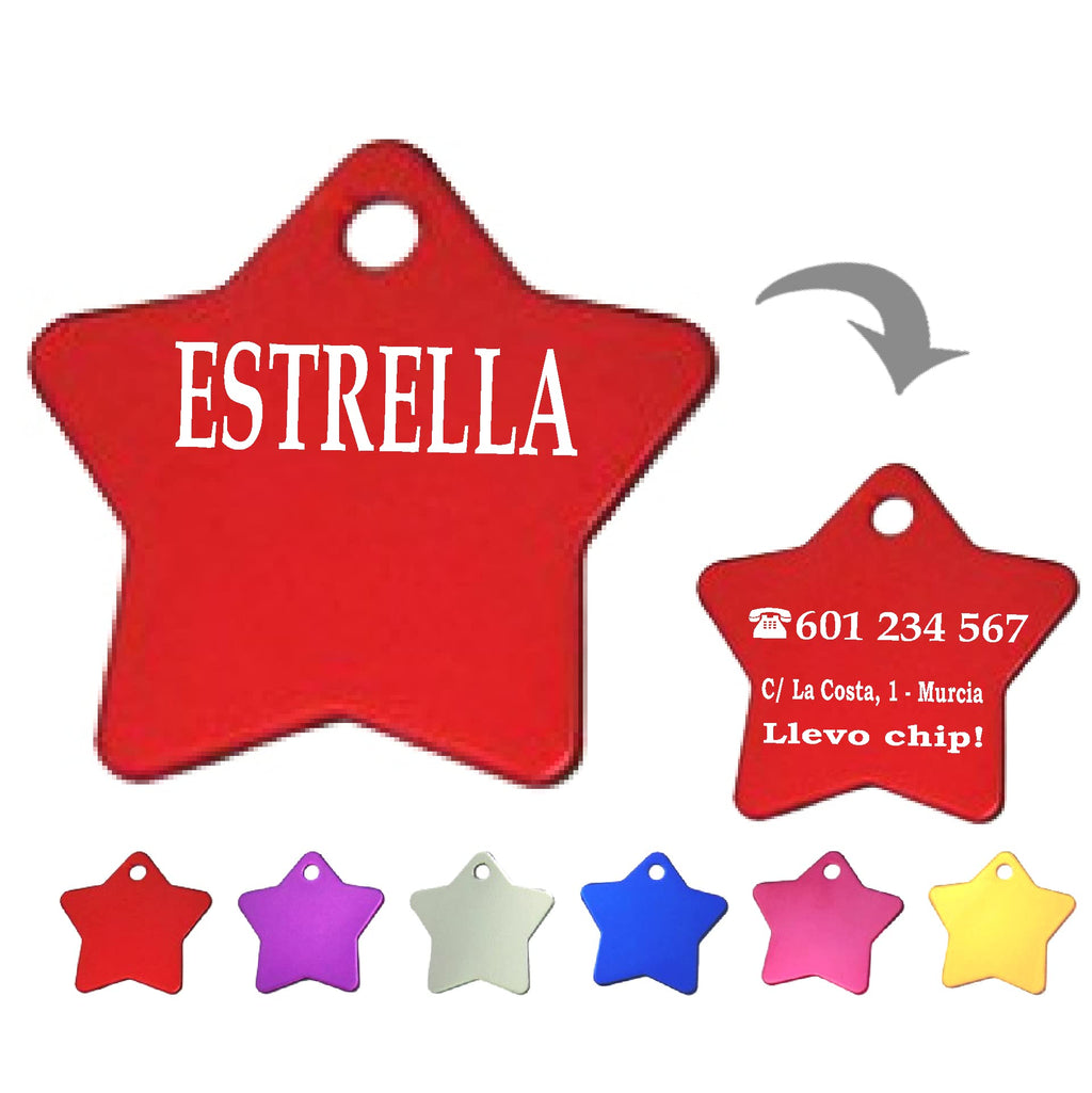 Ibera Gifts - Chapa Perro Grabada en Forma de Estrella para Perros y Gatos de Tamaño Mediano a Grande, Placa Perro Personalizada, Aluminio Brillante, Tamaño 36 x 36 mm (Dorado)
