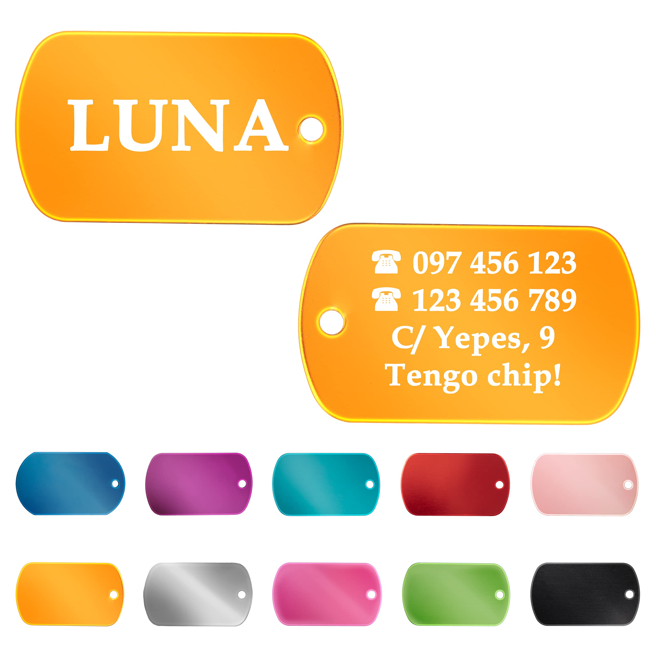 Ibera Gifts - Chapa Perro Grabada en Forma de Chapa Militar, Placa Perro Personalizada para Perros y Gatos Medianos a Muy Grandes, Tamaño 53 x 28 mm, Chapa Identificativa Perro y Gato (Azul)