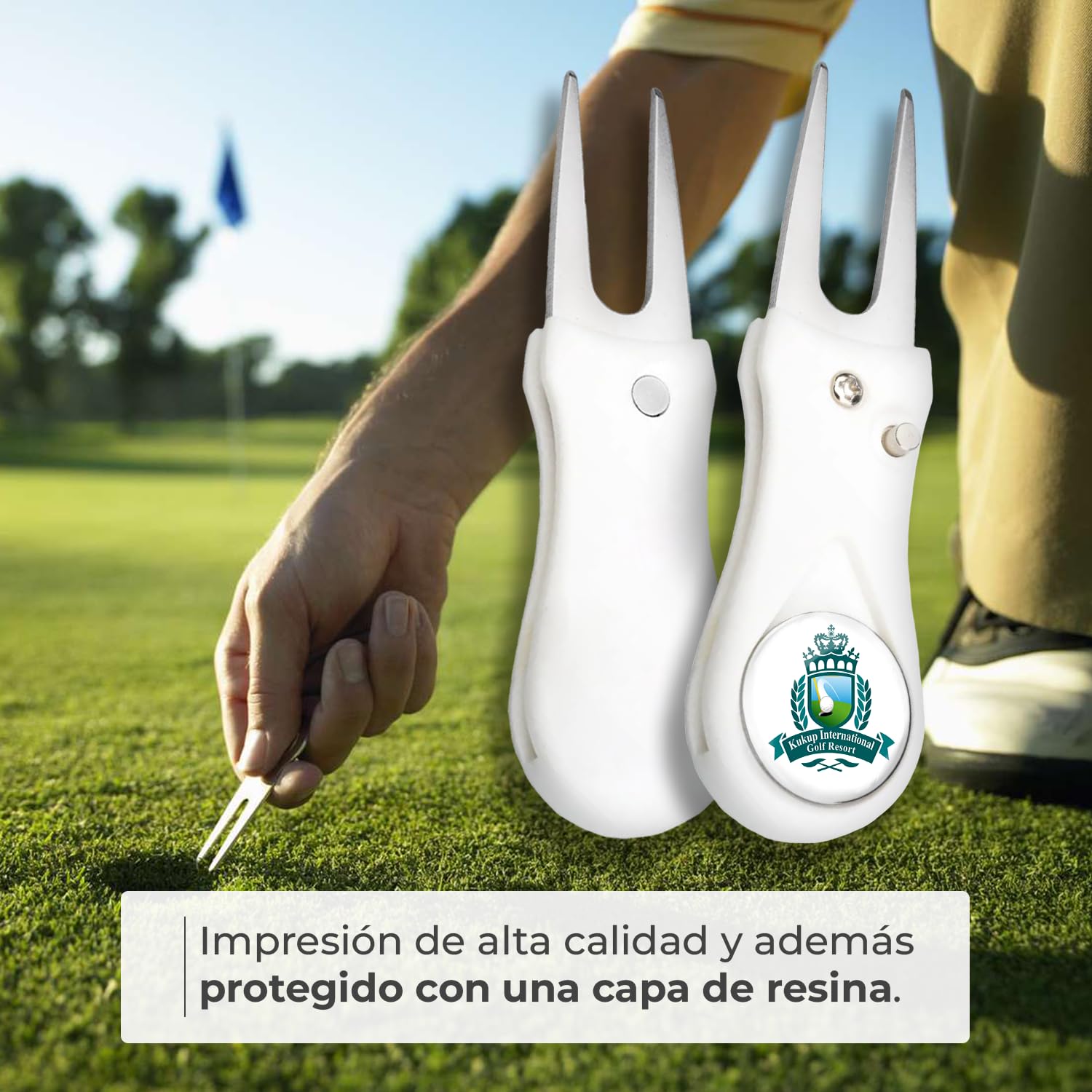 Arreglapiques de Golf con Marcador Magnetico Bolas Personalizado con Foto - Regalos para golfistas - Divot Tool, Pitch Fork, Accesorios arregla piques Repair pique repara green - Acabado Profesional