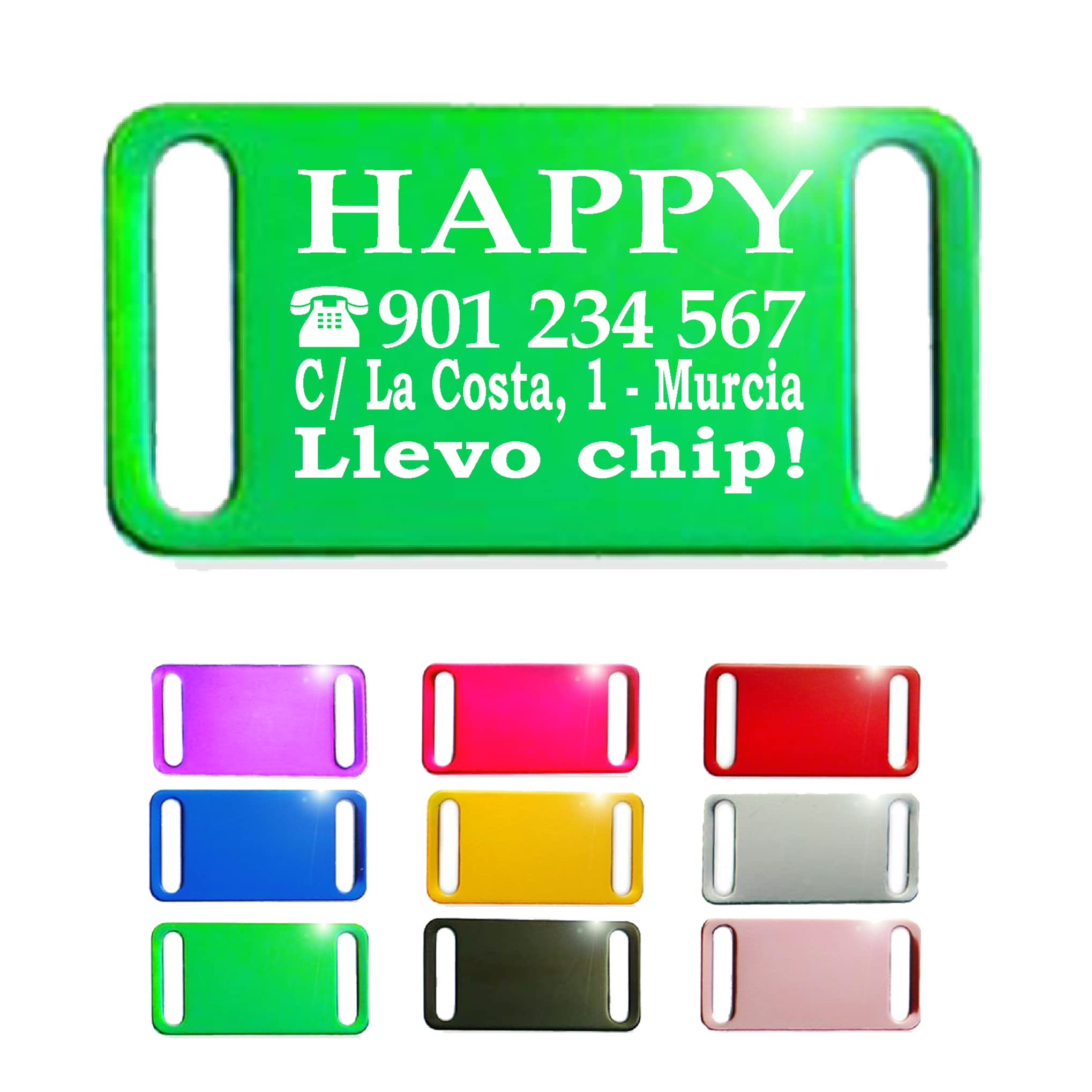 Ibera Gifts - Chapa Perro Grabada en Forma Rectangular para Fijar en el Collar, Placa Perro Personalizada para Perros y Gatos Pequeños a Medianos, Aluminio Brillante, Tamaño 44 x 22 mm (Plateado)